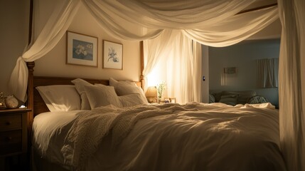 A serene bedroom showcases a canopy bed with soft lighting