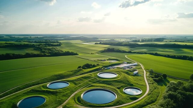 Drone shot of an eco-friendly biogas facility with circular digesters and methane storage domes, integrated into the rural countryside with fields stretching beyond