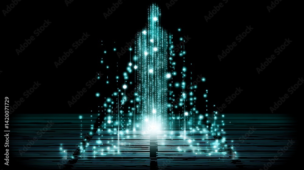 Poster digital being composed of binary code and light emanating from electronic gateway appearance.