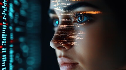 A close-up of a woman's face overlayed with digital data, highlighting the intersection of technology and human emotions.