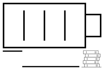 Battery icon with three bars representing charge level and stack of books. Ideal for energy, education, productivity, sustainability, technology, study, motivation. Flat simple metaphor