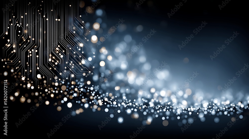 Poster digital circuit board abstract background with bokeh technology connection visualization.