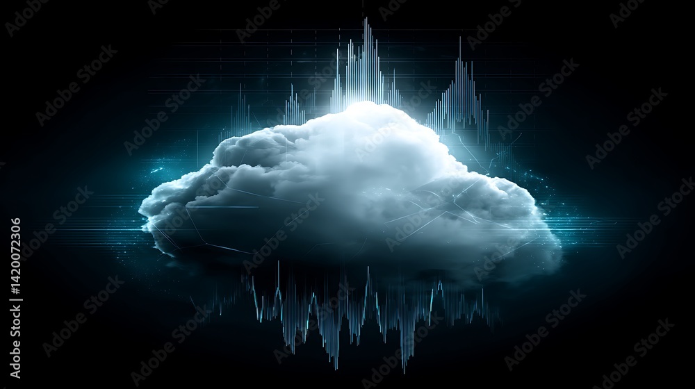 Poster digital cloudscape with abstract data streams glowing cybernetic network visualized in 3d.