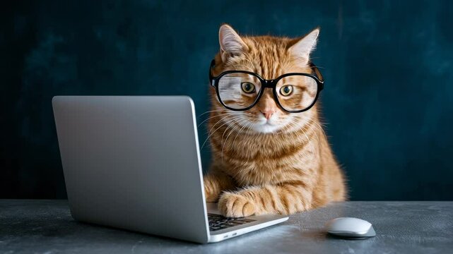 Cute ginger cat wearing glasses using laptop with mouse on table