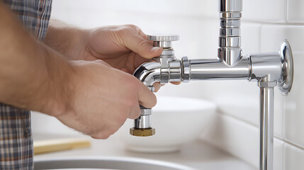 Plumber tightening pipe fittings under sink. Featuring skill and attention to detail