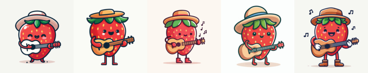 cute strawberry hat vector playing guitar