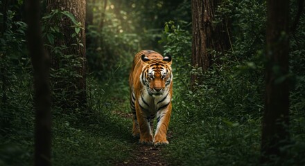 Wild tiger walking in the forest