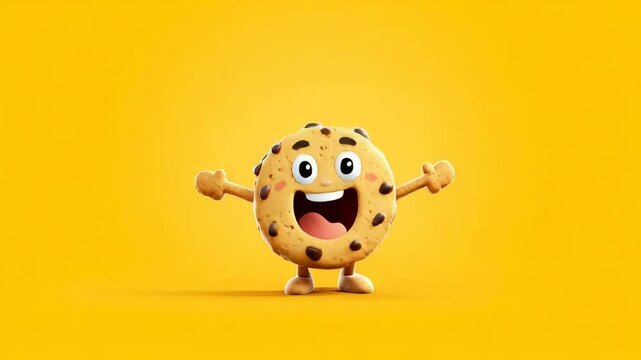Happy cartoon chocolate chip cookie character on bright yellow background
