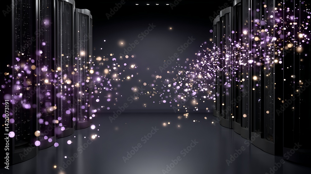 Poster digital data flowing through server racks illuminating dark hallway connecting cloud computing netwo