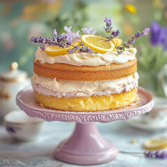 A delicate lemon sponge layered cake with lemon cream and decorated with lavender flowers and lemon slices on a lavender riser.