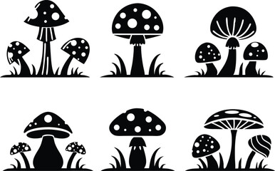 Naklejka premium Mushroom Silhouette Vector Set – Whimsical Forest Fungi Icons with Grass for Fairy Tale Illustrations, Cottagecore Designs, Botanical Prints, Foraging Guides, Gardening, and Nature-Themed Artworks