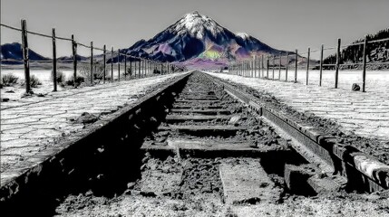 Obraz premium Desolate Railway Leading to a Rainbow-hued