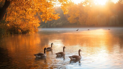 Golden autumn sunrise over a serene lake with geese.