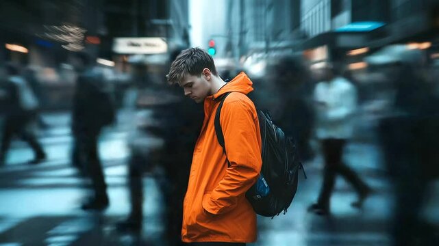 A depressed man in an orange coat looks down, surrounded by blurred figures moving in different directions on a cold, grey city street, evoking a sense of alienation