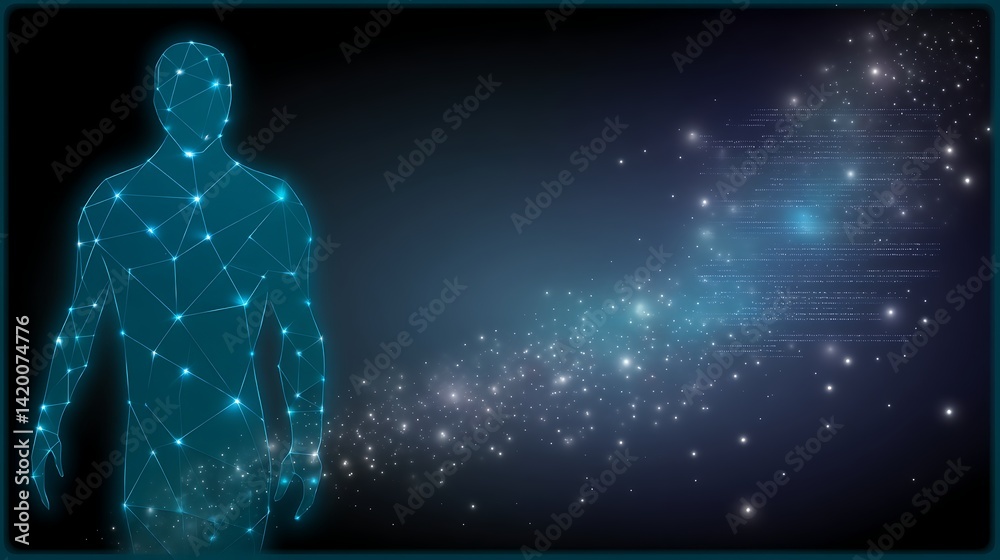 Poster digital human mesh network with starry galaxy background and cosmic particle flow and code overlay.