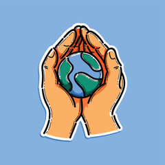 A design depicting hands encircling a globe, World Earth Day unity, and environmental awareness. The captivating light blue background enhances the illustration's symbolic appeal.