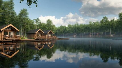 Obraz premium Wooden cabins, tranquil lake, forest reflection.