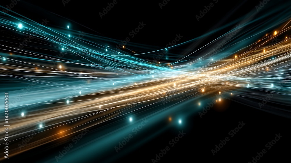 Poster digital light streams of data networking with glowing particles on a black background for technology