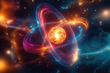 Electrons orbit glowing atom as luminous ribbons swirl in deep space