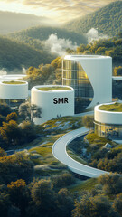 Small modular reactor (SMR) integrated within contemporary architecture, nuclear energy, compact reactor, reactor plant, nuclear facility, forest landscape, grassy fields