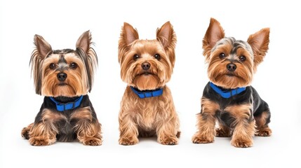Three adorable yorkshire terriers with blue collars sitting in a row