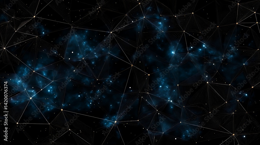 Poster digital network constellation with luminous interconnected nodes and nebula dust clouds in the backd