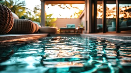 Tranquil poolside retreat with lush greenery at sunset
