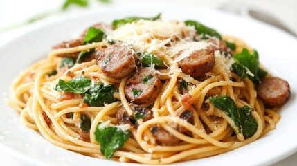 Beautifully plated spaghetti pasta with grilled sausage, sweet caramelized mushrooms