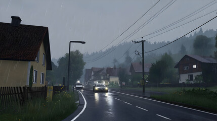 Pixelated Village Road In Rain