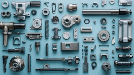 Fototapeta premium Minimalist layout of metal tools and parts against a bright cyan industrial background