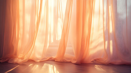 Delicate sheer peach curtains softly illuminated by warm sunlight, enhancing a cozy ambiance