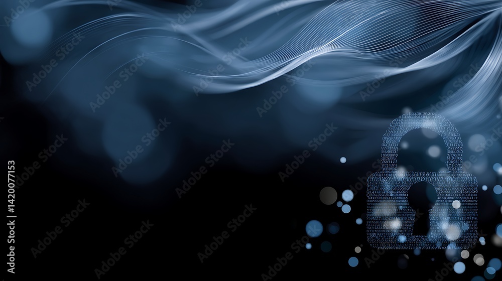 Poster digital security abstract network lock with light streaks and bokeh design for internet defense.
