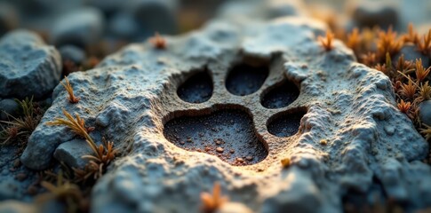 Wolf's paw print on rocky terrain , wilderness, animal