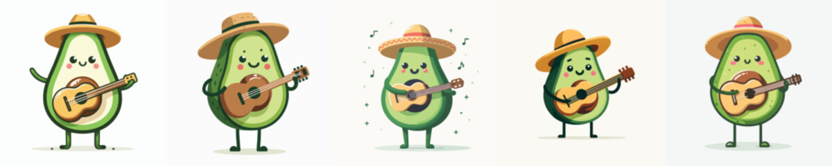 collection of cute avocado vectors playing guitar