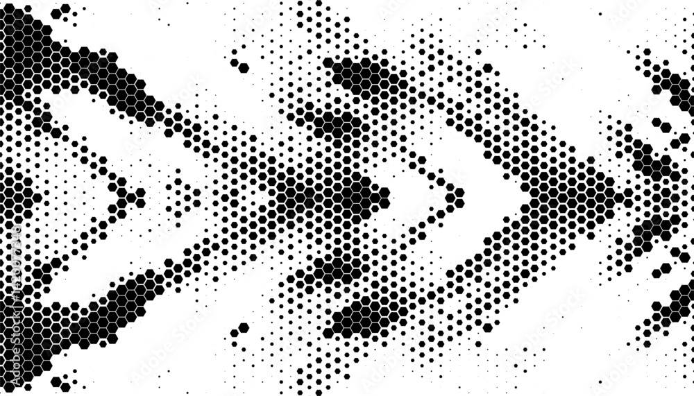 Wall mural black and white editable sporty pattern with sharp arrows shape made from hexagon halftone effect. f