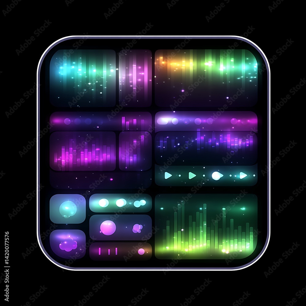 Poster digital soundscape visualization interface with abstract neon spectrum graphical elements layout.