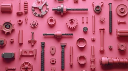 Obraz premium Pink industrial backdrop with isolated factory machine parts in a clean flat lay