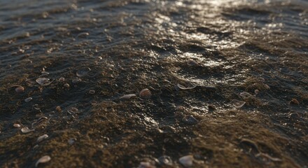 Wet Sand and Seashells on the Shore Reflecting Sunlight at the Beach