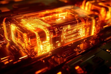 High-tech glowing circuit box,  amber-hued energy, futuristic design