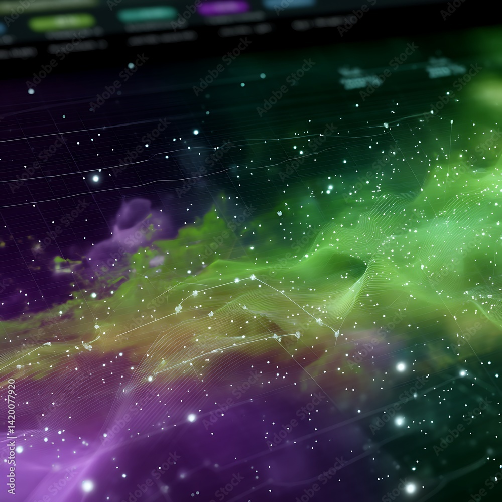 Poster digital terrain data visualization with color gradients and simulated star field backdrop.