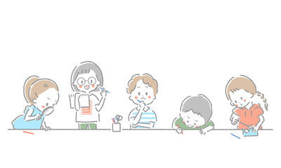 並んで勉強や工作を楽しむ子供たちのイラスト