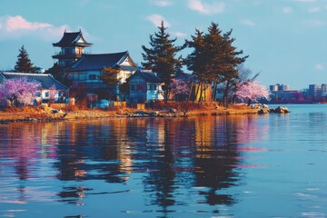 Naklejka premium Serene Spring Day at Japanese Lakeside Village