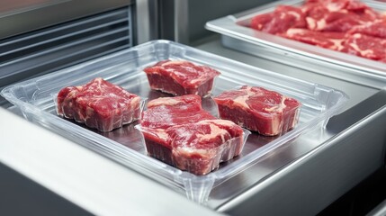 Fototapeta premium Sealed plastic meat containers aligned on stainless packing line