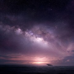 Fototapeta premium Distant Silhouette Over Water Under a Cosmic Sky of Galaxies and Stars With a Purple Huescape.