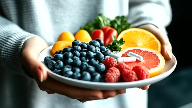 A person holding a plate full of colorful fruits and vegetables like blueberries, tomatoes, and citrus fruits, with immunity supplements on the side for a holistic health approach