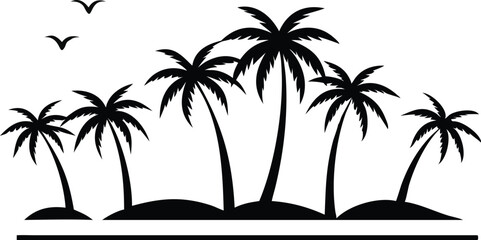 vector tropical island scene with palm trees and birds  silhouette set
