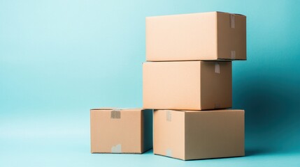 Obraz premium Tall stack of brown cardboard boxes centered on a bright cyan background with minimalist lighting