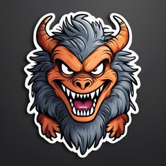 Fierce orange horned monster sticker with grinning face and fluffy grey mane