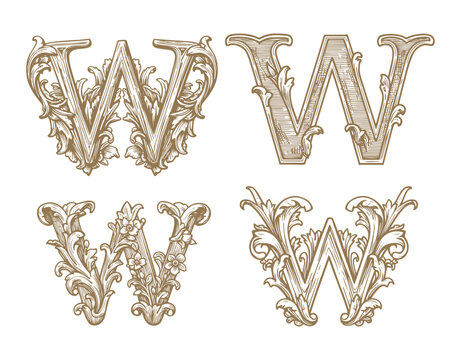 capital letter W. medieval capital letters in the style of the classic Baroque. victorian letters alphabet or number vector