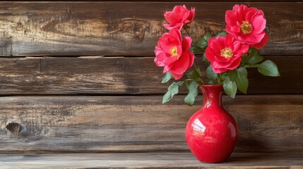 Vintage-style red flower vase with delicate detailing on rustic wooden table